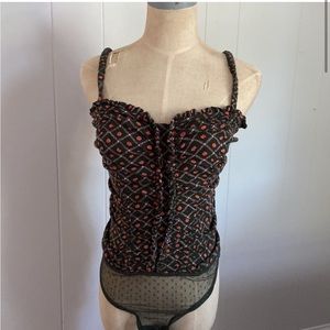 Free People Black and Red Patterned Bodysuit